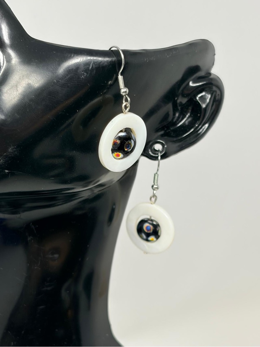 White Glass Disc Drop Earrings with Black Accent Beads